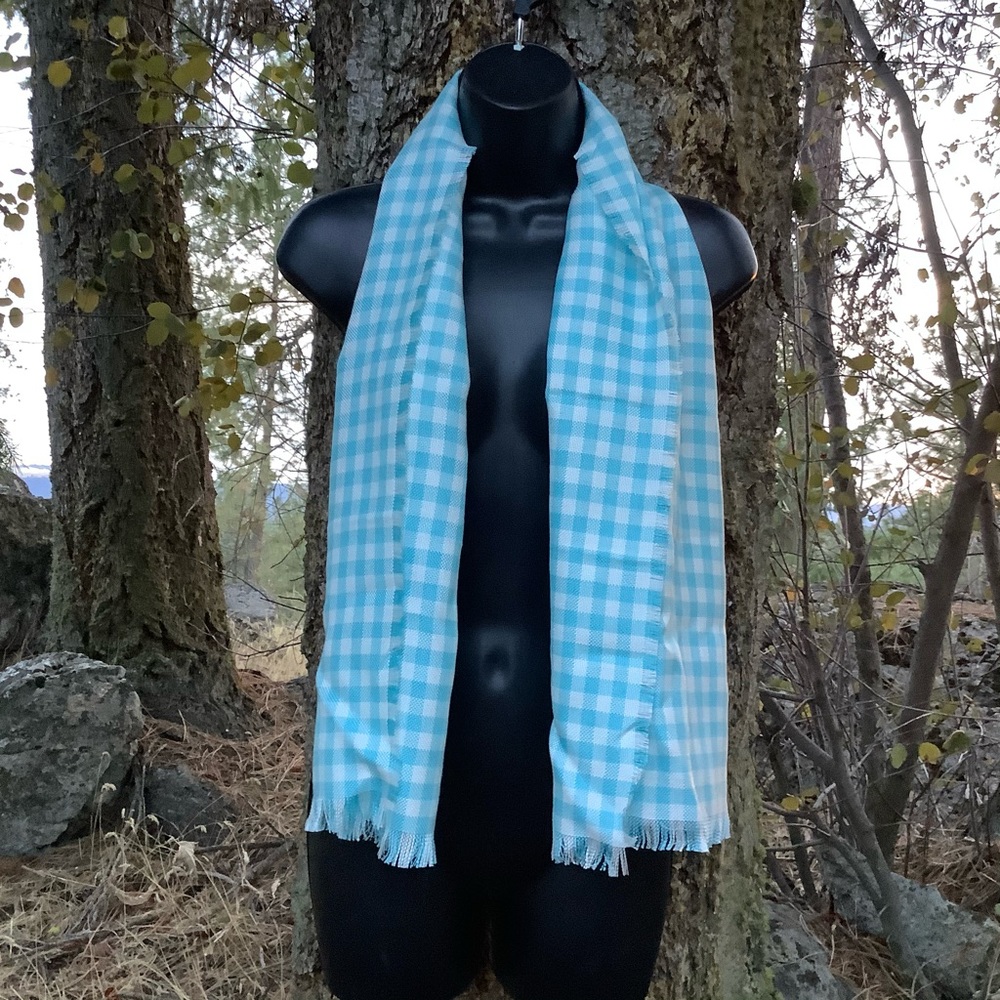 New Light Blue White Checkered Scarf Winter Scarf Linen Fabric Neck Scarf